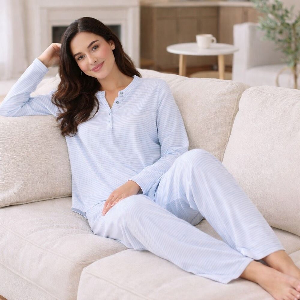 12|12 organic cotton blue striped pajama set size small